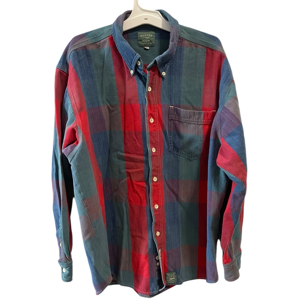 Vintage Baxter indigo Denim plaid Button Down XL